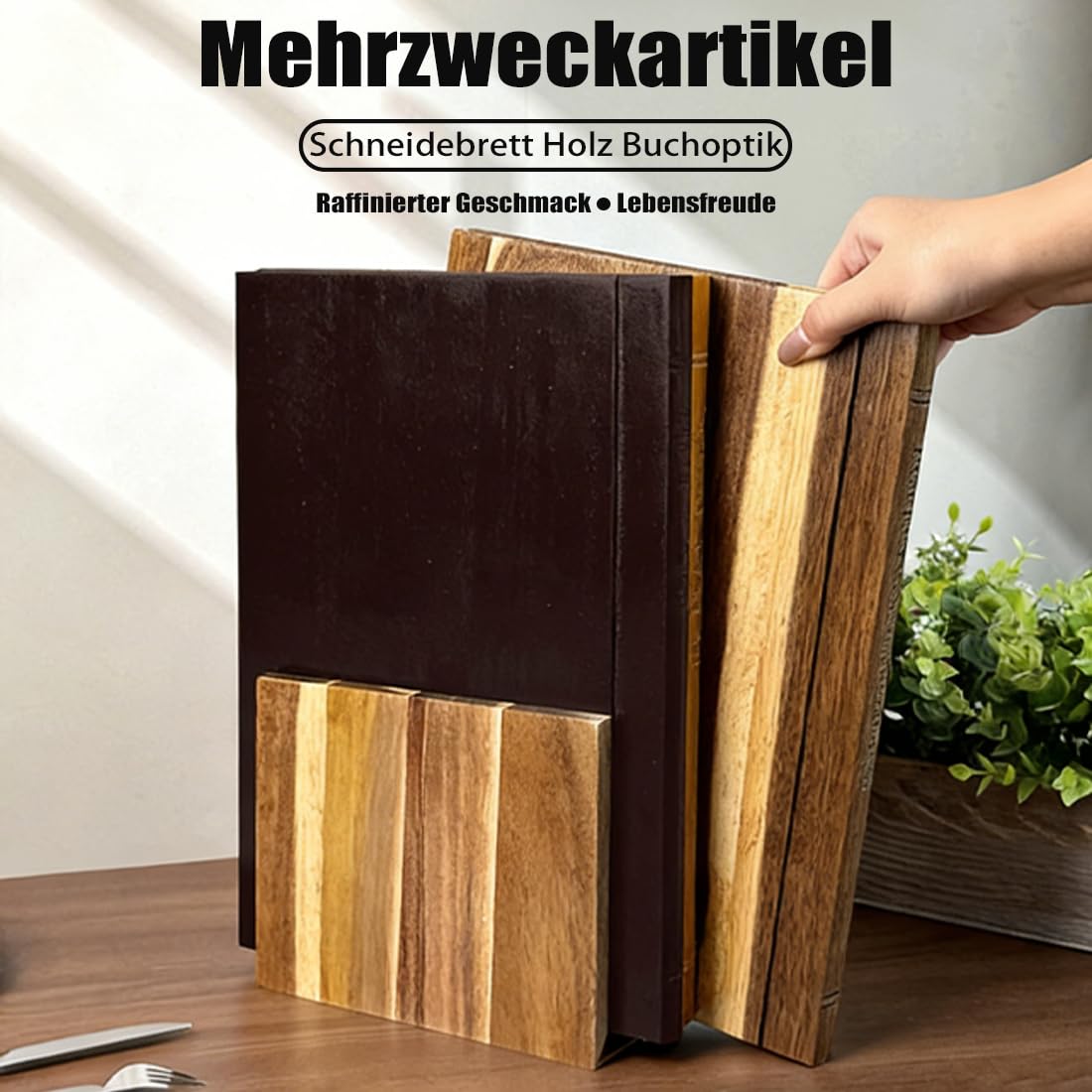 Schneidebrett Holz Buchoptik, Book Cutting Board mit Ständer, Holzschneidebrett, Das Sieht aus wie Bücher, Geeignet für Käse, Brot, Fleisch und Gemüse (Dreiteiliges Set + Ständer (3 * Schneidebrett))