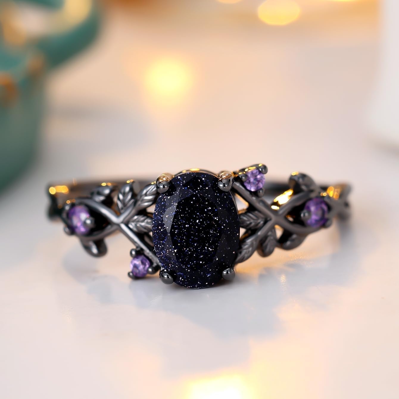 Blue Sandstone Gothic Leaf Ring for Women – 18K Black Gold Plated Vine Promise Statement Ring, Engagement Wedding Band Jewelry Gifts