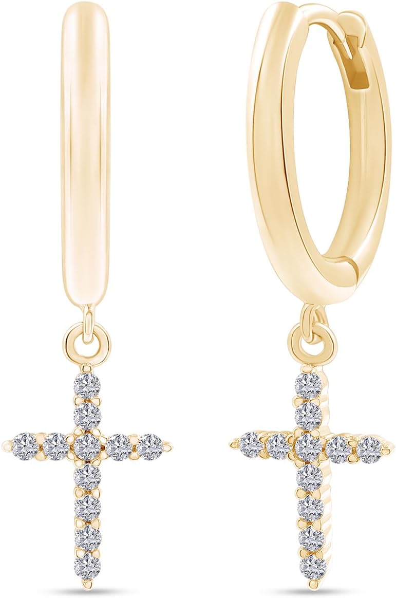 18k Gold Plated Drop Dangle Cross Hoop Earrings 1/5 cttw Moissanite Diamond Hoop Earrings for Women | Trendy Cross Earrings (0.20 Cttw)