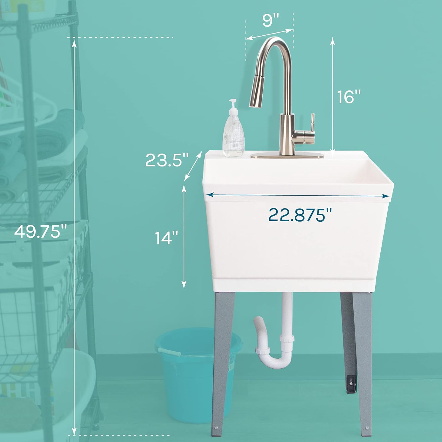 Hоlіdау Dеаlѕ 🛒 JS Jackson Supplies White Utility Sink Laundry Tub with High Arc Stainless Steel Faucet, Pull Down Sprayer Spout, Heavy Duty Slop Sinks for Basement, Garage, or Shop Free Standing Wash Station