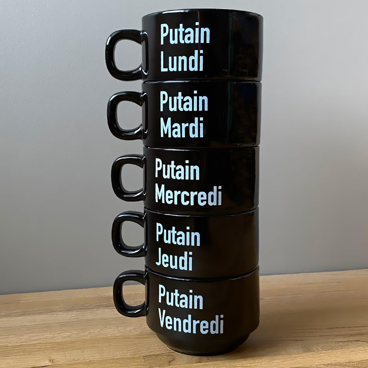 fisura. - Lot tasses à café originales p*tain de semaine. Tasses à café noires avec message pour chaque jour de la semaine. Lot de 5 mugs amusants en céramique.