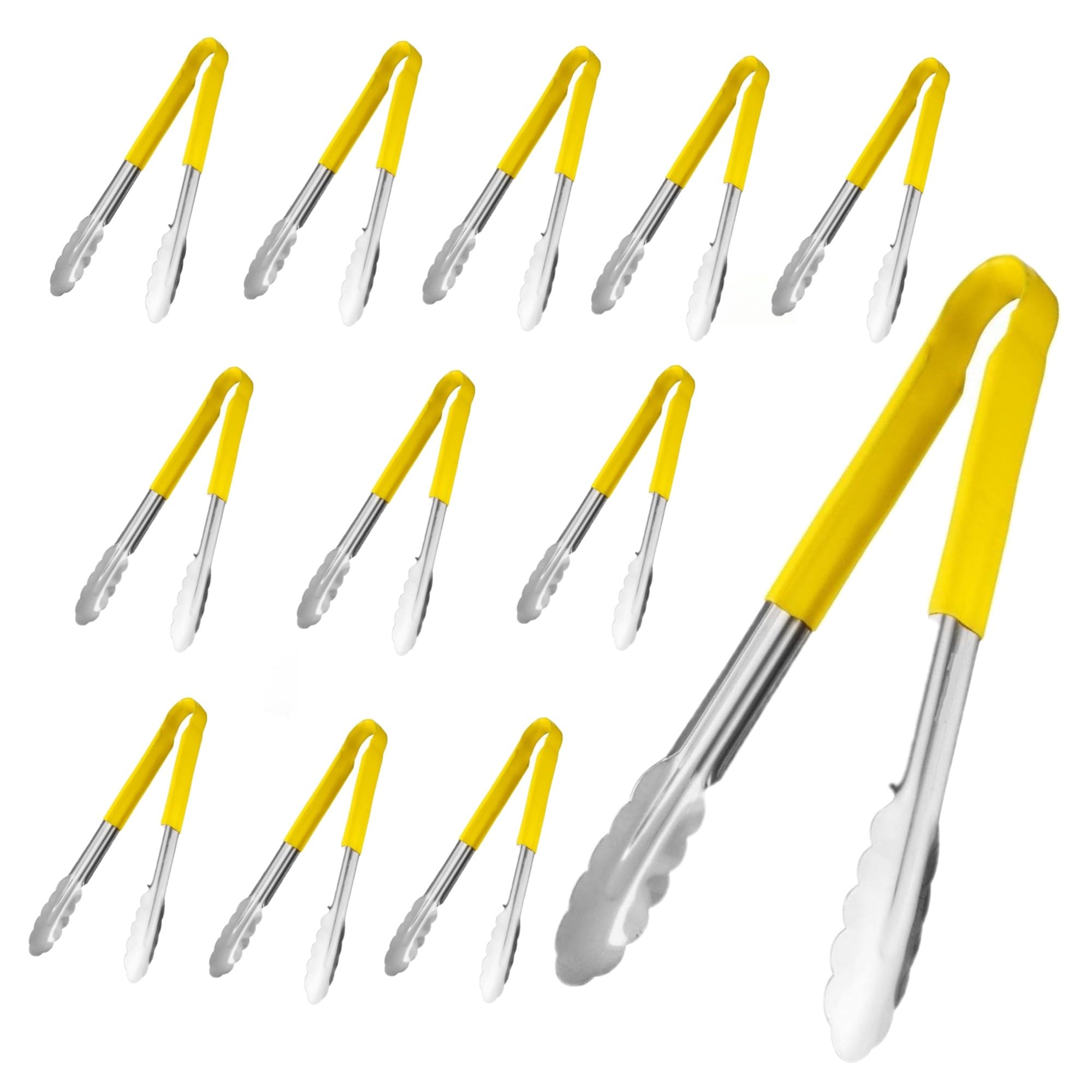 Chabrias Ltd 12-Pack 12" Utility Kitchen Tongs – Yellow Colour-Coded for Cooked Food – Stainless Steel Tongs with Non-Slip Vinyl Grip – Commercial-Grade, Dishwasher Safe Cooking & Serving Tongs