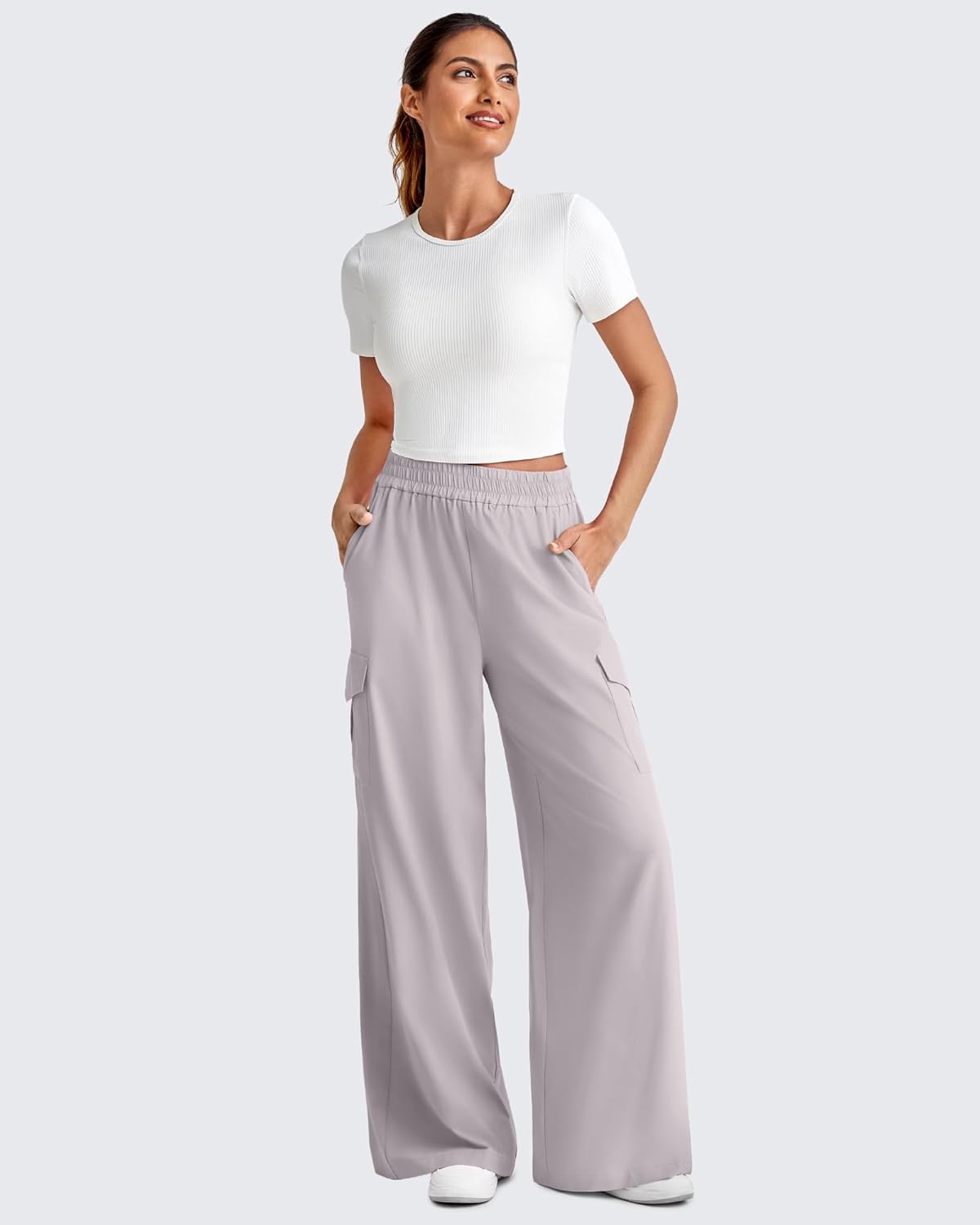 G4Free Womens Stretchy Wide Leg Trousers with Pockets Lightweight Loose Slacks for Work Casual Travel(Chrim Gray,M,31") - Image 4