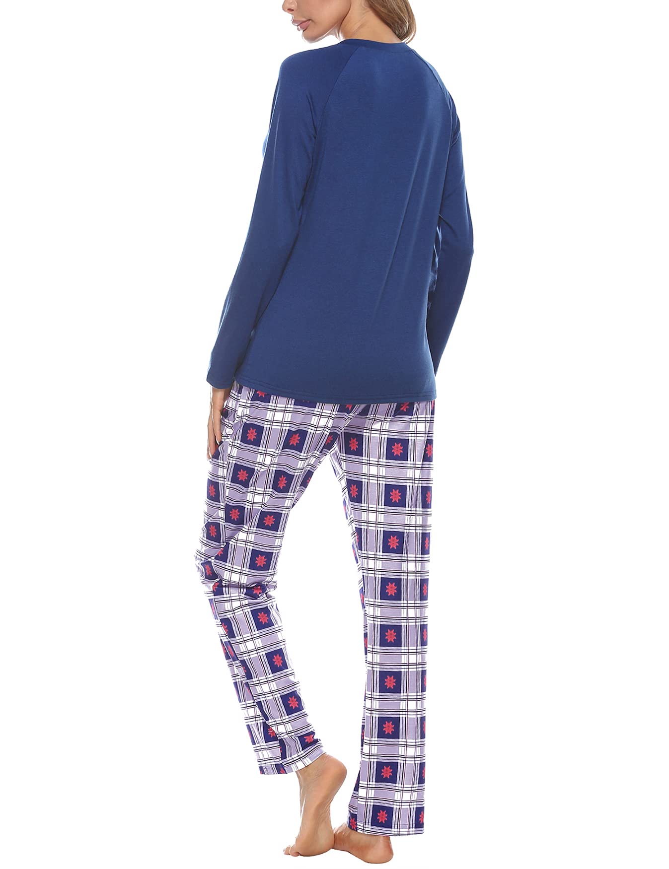Uniexcosm Pigiama Donna, Pigiama a Quadri Donna Lungo Pigiama da Donna Cotone Leggero con Girocollo Pigiama 2 Pezzi Donna con Tasca Sciolto Accogliente per Casa e Casuale