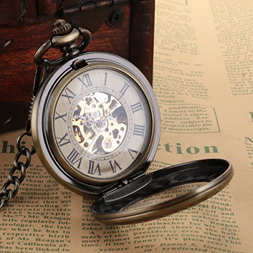 Image of SIBOSUN Pocket Watch Mechanical Skeleton Antique Men Bronze Roman Numerals Hand Wind