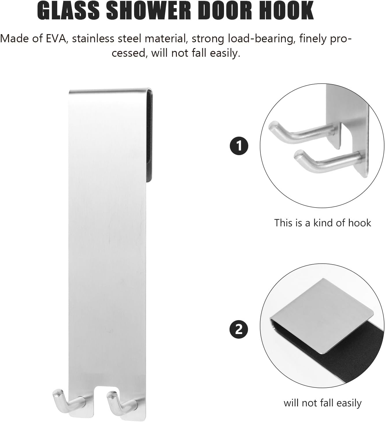 304 Stainless Steel Bathroom Storage Hook for Glass Shower Door, Punch-Free Adhesive Robe and Towel Hanger, Silver Non-Perforation Hook for Home Bathroom Organization