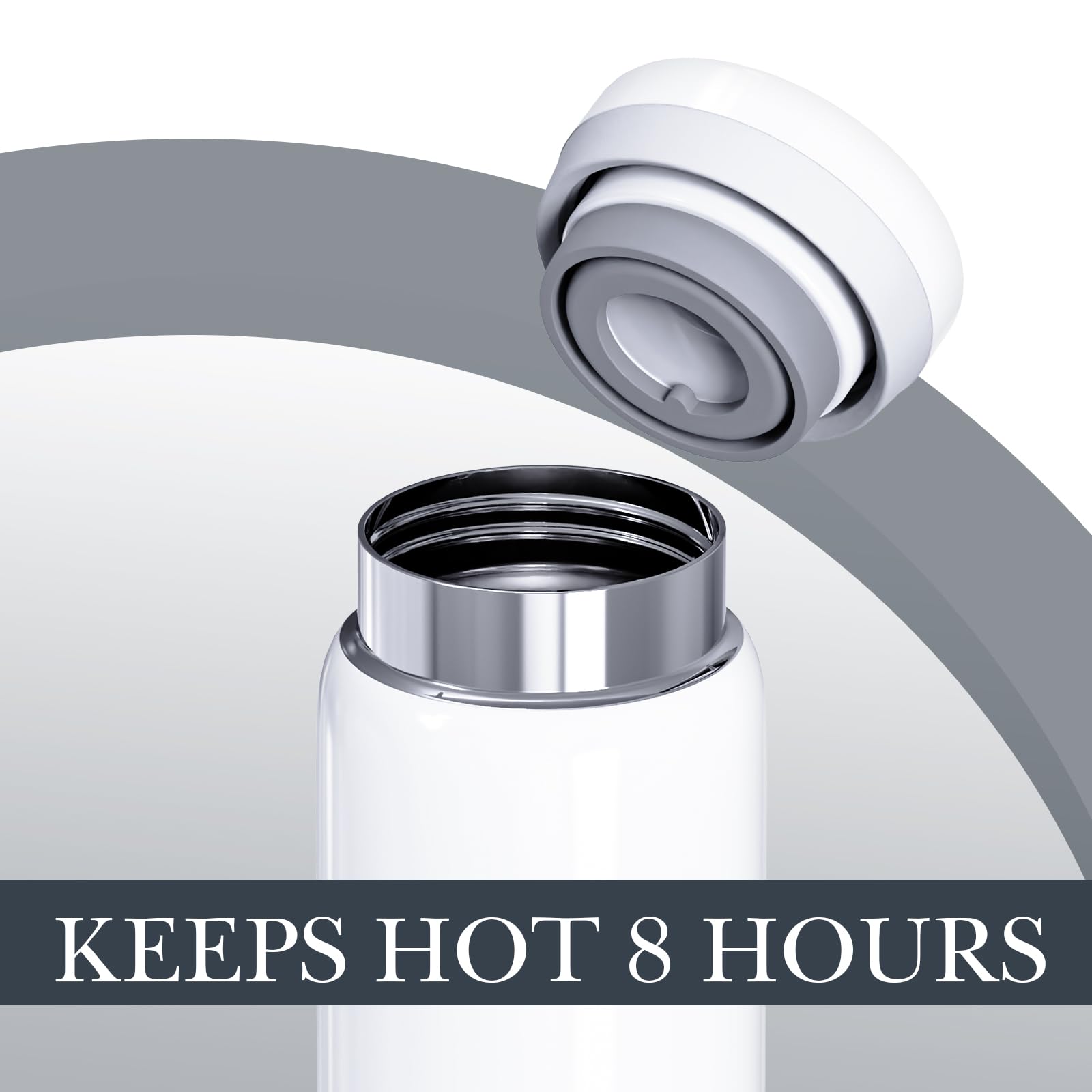 Image showing the Linkidea Mini Water Bottle with text indicating 'Keeps Hot 8 Hours'.
