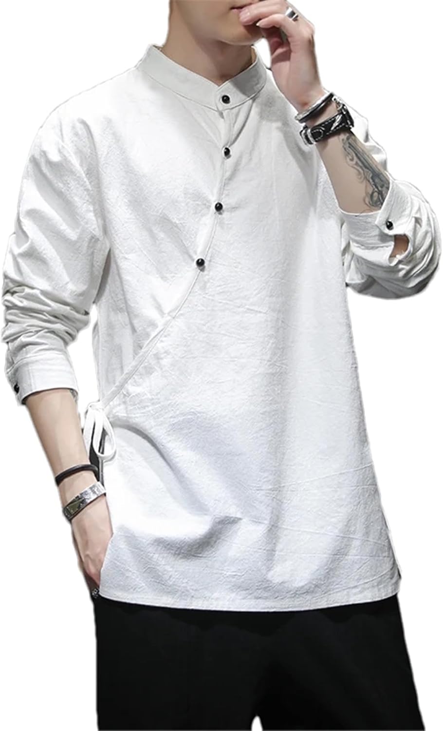 Mens Chinese Style Hemp Shirt Cotton Linen Tang Suit Hanfu Retro Stand-Up Collar Zen Clothes Tops Clothes Men