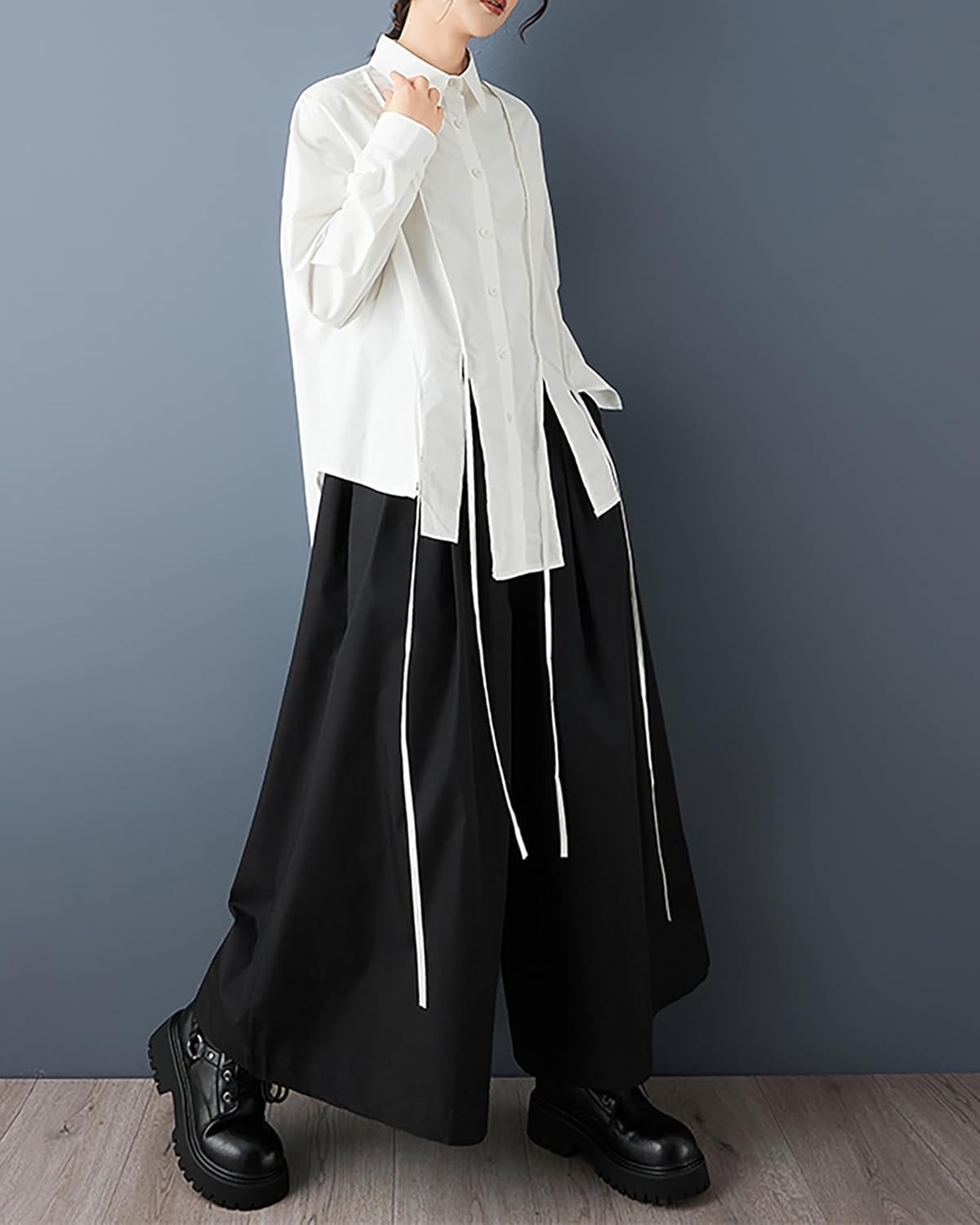 ellazhu Women's Shirt Lapel Button Down Long Sleeve Solid Irregular Hem Plus Size GZ713