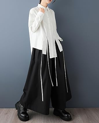 ellazhu Women's Shirt Lapel Button Down Long Sleeve Solid Irregular Hem Plus Size GZ713