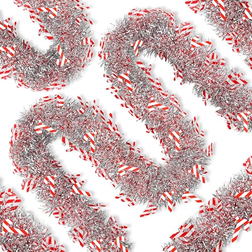 50Ft Christmas Tinsel Garland, Mixed Color Streamers and Cane Glitter Tinsel Garlands, Metallic Holiday Hanging Ornaments for Indoor Outdoor Party Decor
