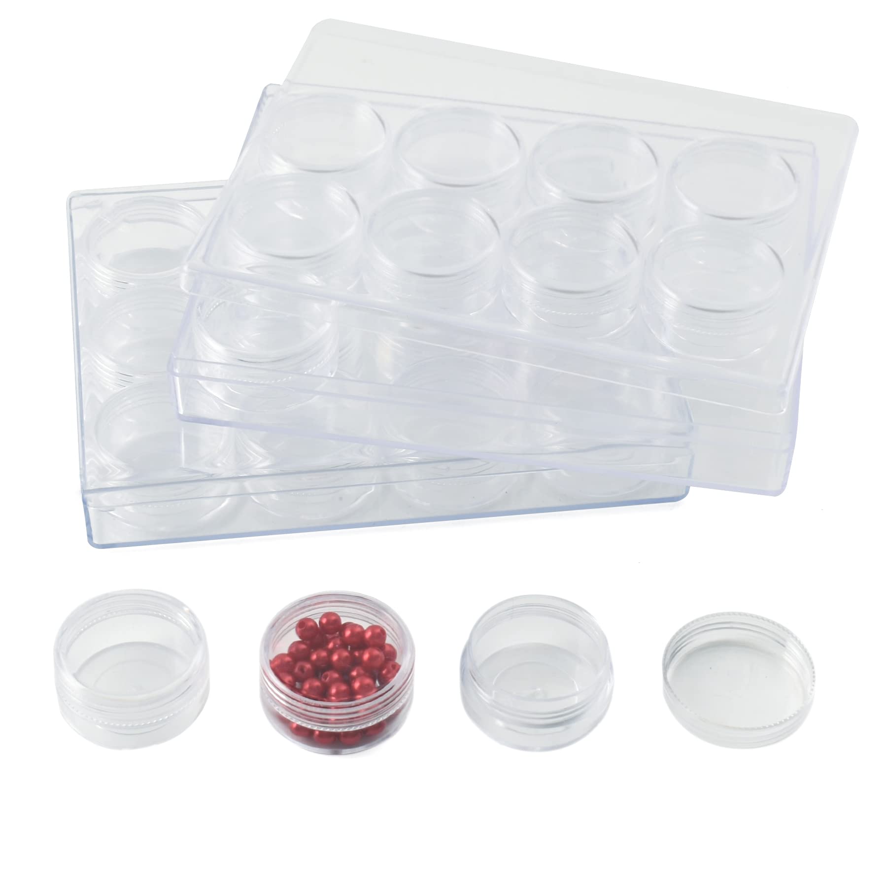 VIOCIWUOClear Plastic Bead Storage Containers Round 12 Grids Transparent Organizer Jars for Diamond Pigments Glitters Cosmetics Sample Jar (2 Pack)