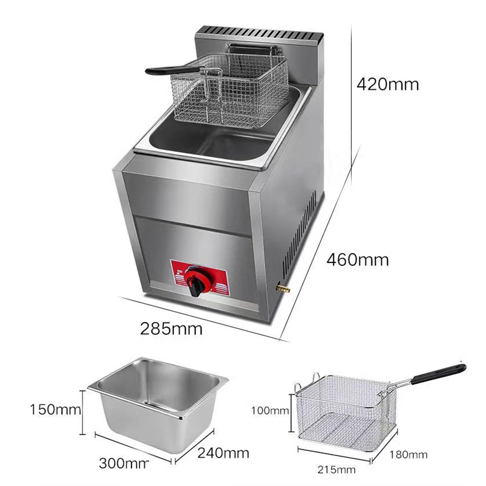 Friggitrice a gas da 6 litri, friggitrice a serbatoio singolo, in acciaio inox, con coperchio e cestello, per patatine fritte domestiche e commerciali