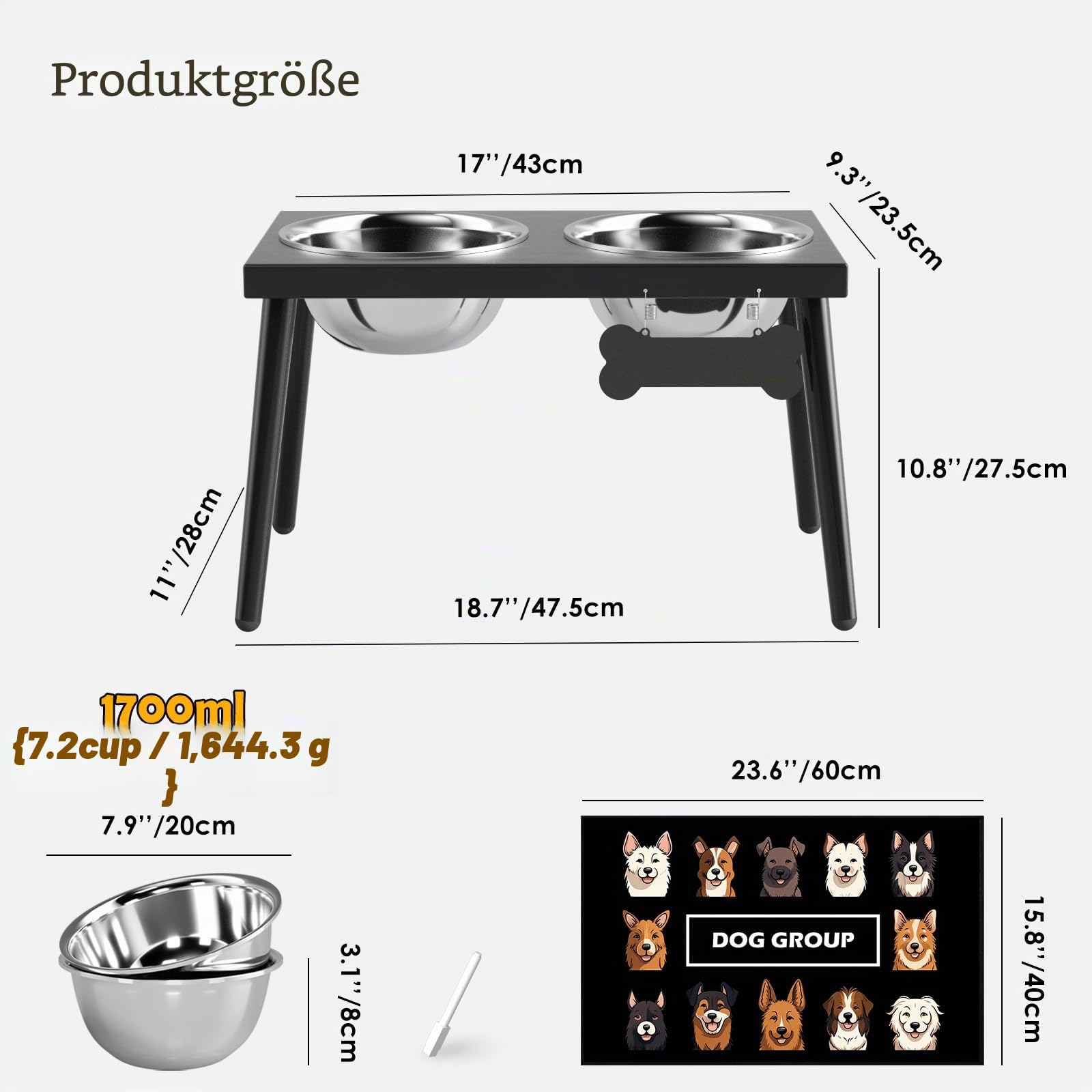 ADENGL Erhöhter Futternapf aus Metall für große und mittelgroße Hunde, stärkere, spritzsichere Matte, 25,4 cm hoch, 1,6 x 61 cm
