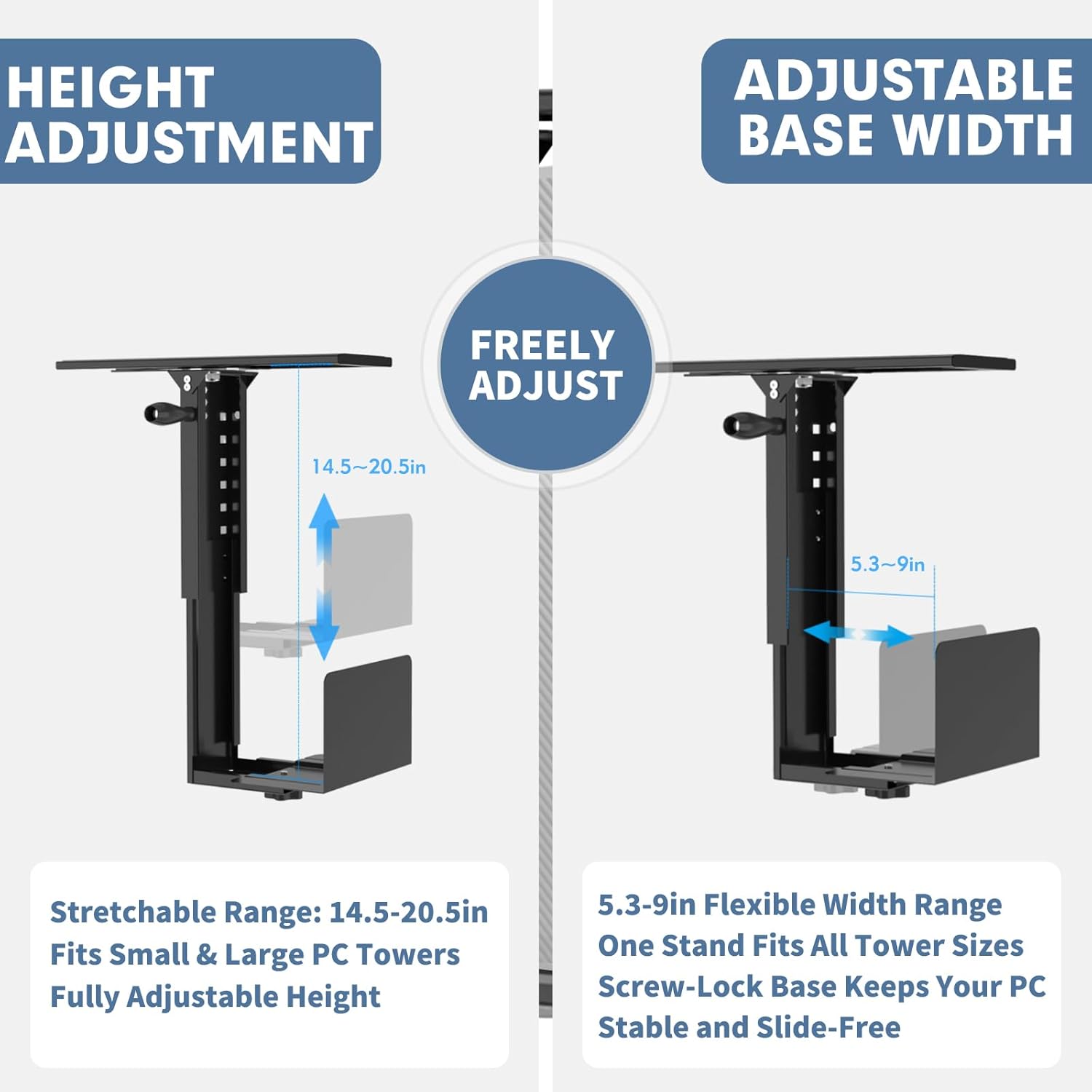 Under Desk PC Mount with Sliding Rail, 55 lbs Load Capacity, Height and Width Adjustable CPU Holder with 360° Swivel, Computer Case CPU Machine Holder Stand with Swivel and Secure Locking