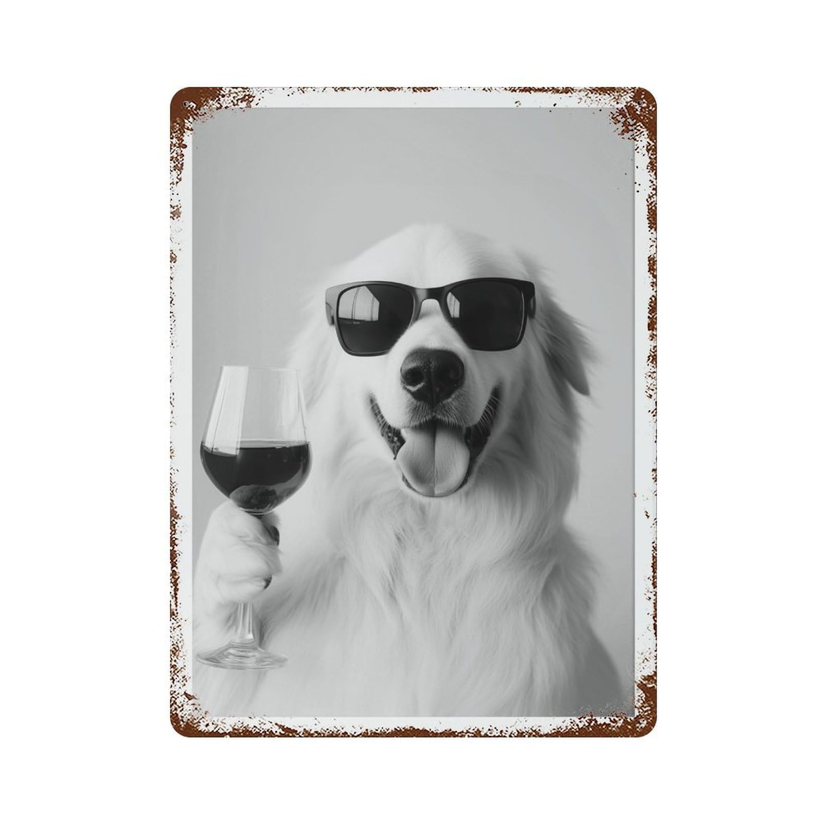 xiaoxiaoshen Great Pyrenees Drinking Wine Black And White Wall Decor Art Metal Tin Poster Modern Home Decor Art Home Bar Shop Decorations Vintage Sign 40x30cm