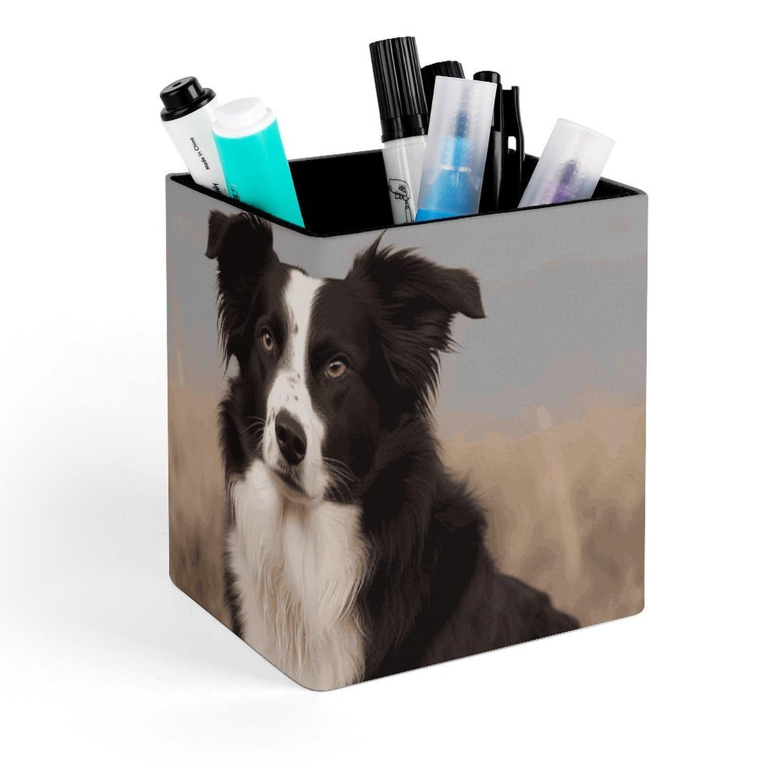 DWVTSLH Aesthetic Pen Holder for Desk - Modern Leather Pencil Holder - Stylish Square Makeup Brush Holder - Border Collie Pen Cup Cute And Functional Desk Organizer for Office Supplies