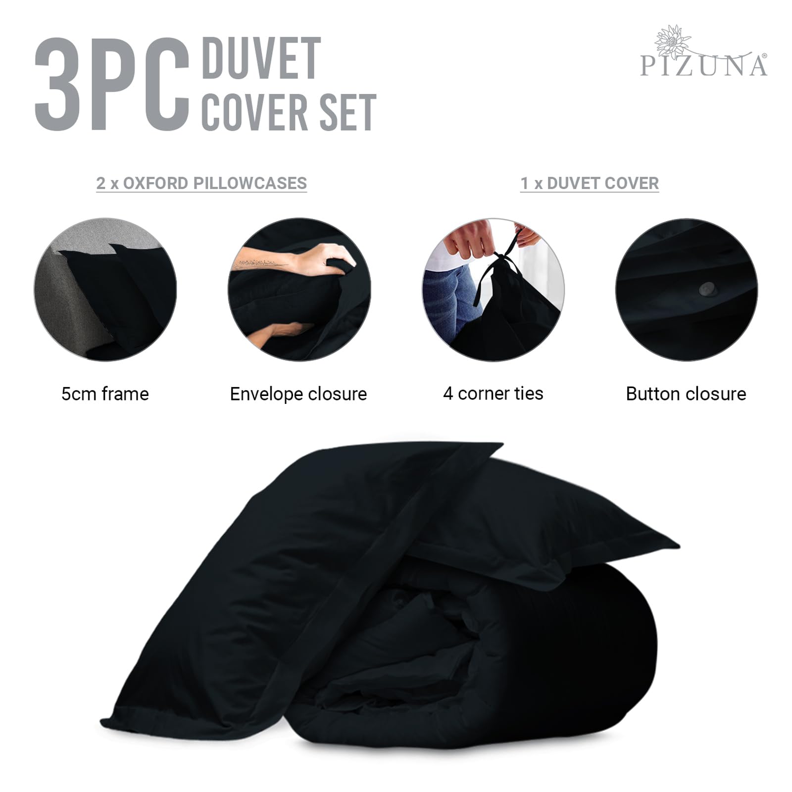 Pizuna Pure Combed Cotton Double Duvet Cover Set Black, 600 Thread Count 100% Long Staple Cotton Duvet Cover Double 200x200cm - Image 3