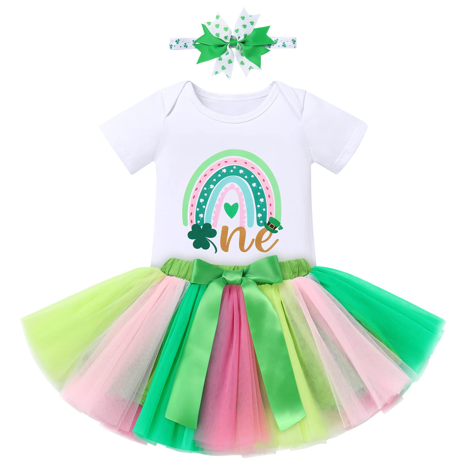 My 1st St.Patrick's Day Outfit Baby Girls Boho Rainbow Romper Tutu Skirt Headband Lucky Clover Green Dress First Birthday Outfit Clothes Set for Cake Smash Photo Props Green - Rainbow One 9-12 Months