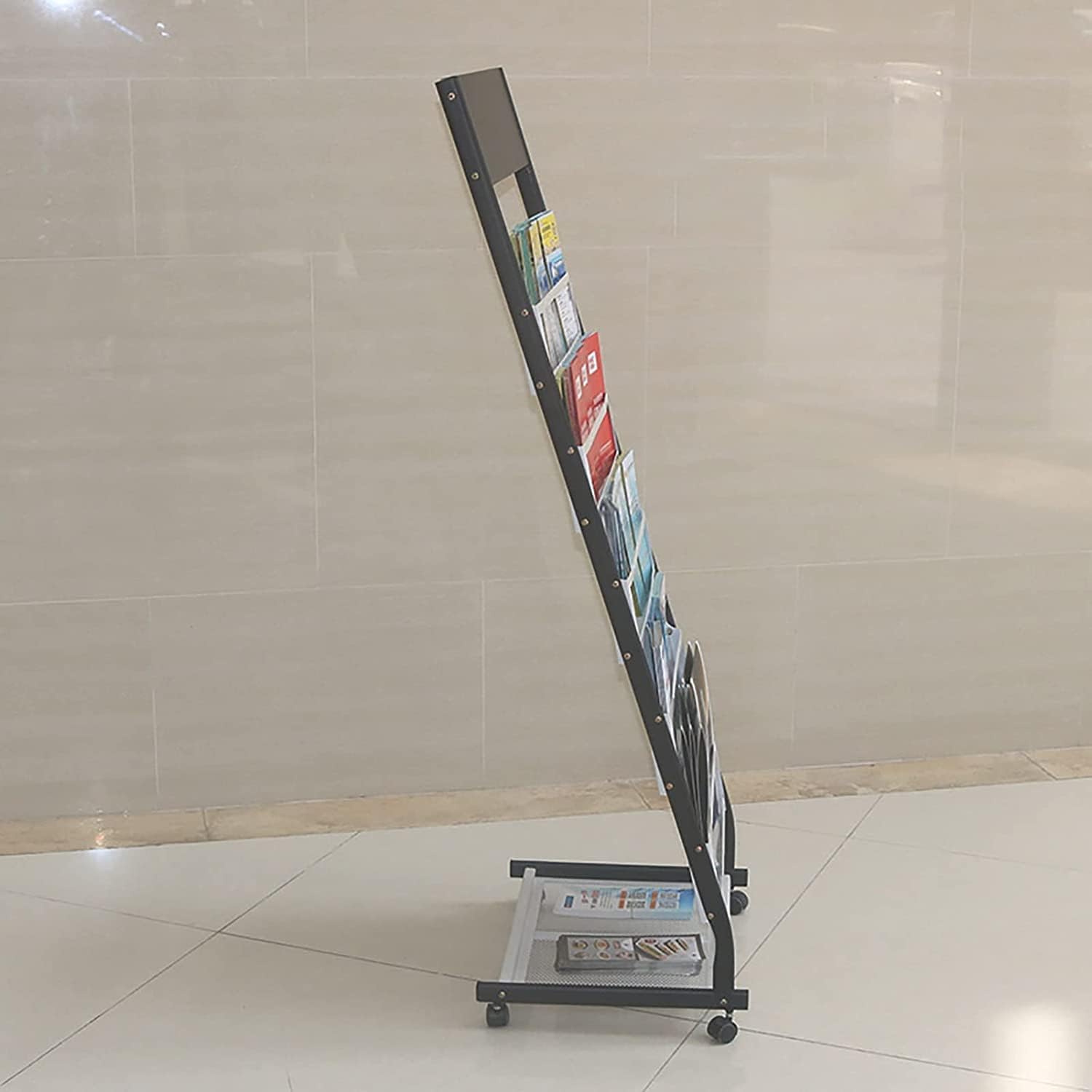 Floor-Standing Magazine Rack with 6 Pockets & Wheels Heavy Duty Metal Brochure Holder Space-Saving Literature Display Stands Easy to Move