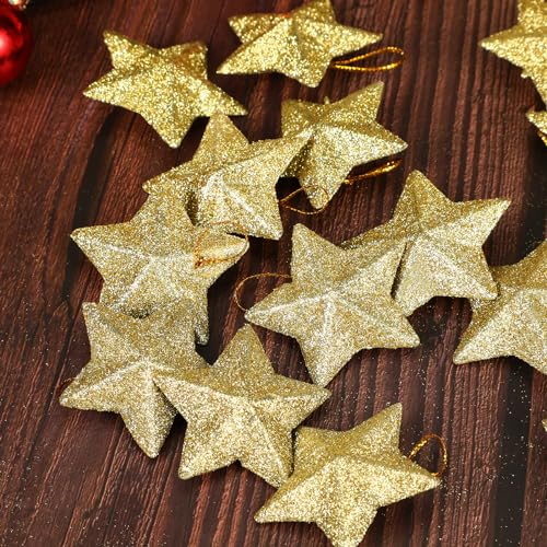 Magiclulu U125716BK3I 30 Pcs Mini Gold Glitter Star Hanging Ornaments Five Pointed Star Decoration For Christmas Tree Hanging Decoration thumb #6