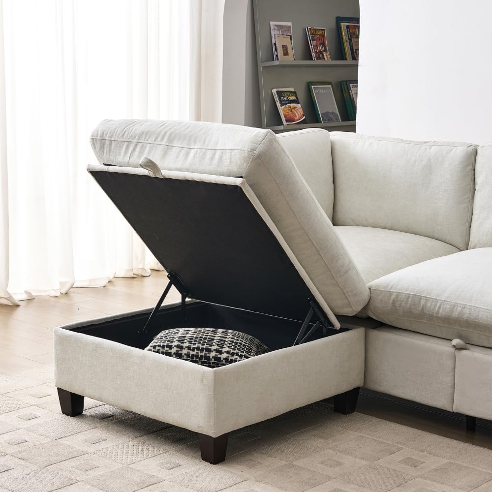 96.5" Sectional Couch for Living Room, Upholstered Soft Chenille Fabric Sofa, 3-Seater with One Ottoman L Shape Sofa Light Coffee