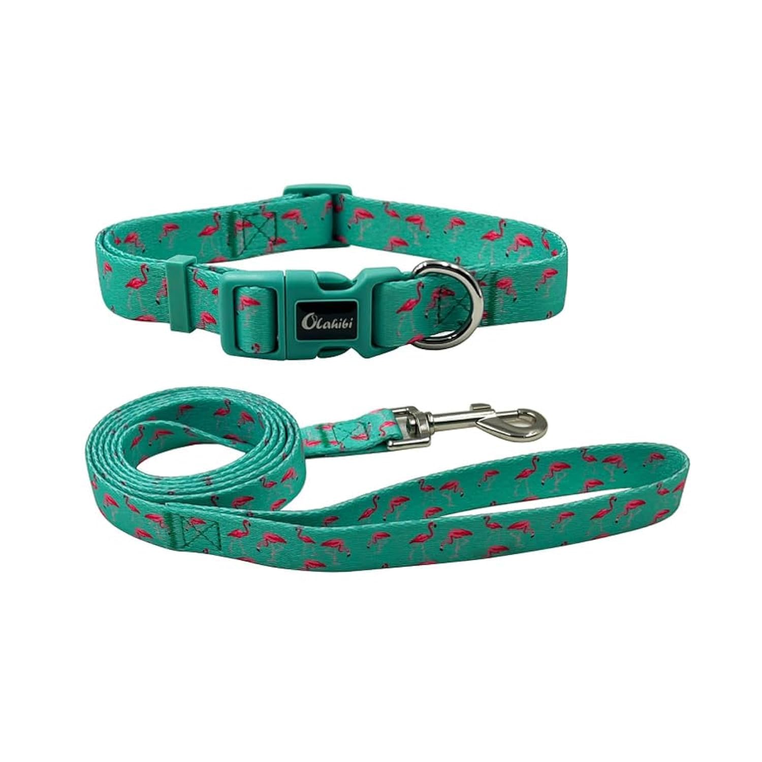Olahibi Dog Collar Leash Combo Set, Flamingo Pattern, Polyester Webbing, Collar and 150CM Matching Leash, for Small Dogs.(S