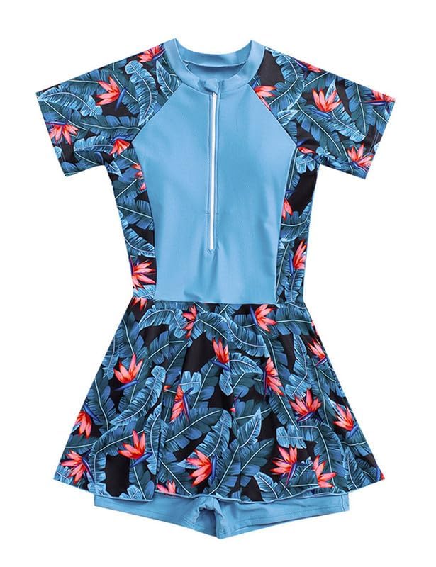 JadeRich Teen Girls One Piece Short Sleeve Swim Dress Rash Guard Bathing Suit Skirted Zip Front Swimwear4