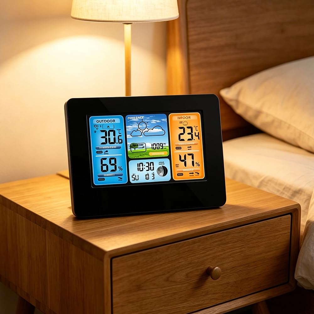 Wetterstation mit Außensensor, Digitales Thermometer Hygrometer mit Farbdisplay, Barometer Vorhersage Funkwetterstation für Innen und Außen