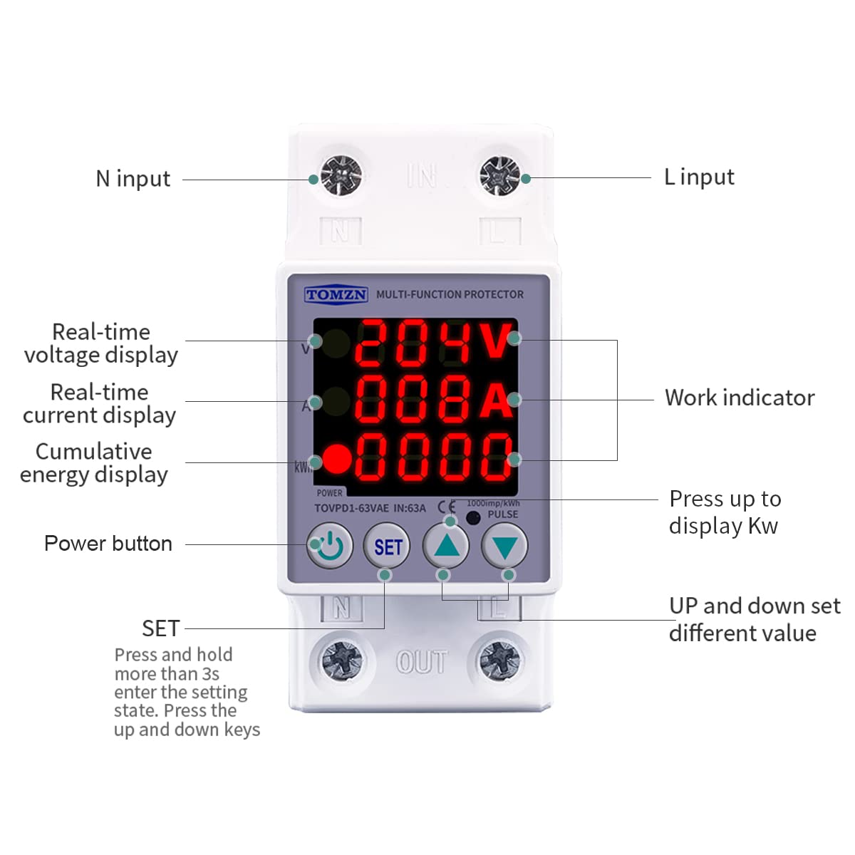 BLacOh Magnetotermico 16a 63A 230V 3IN1 Pantalla DIN Rail Ajustable sobre y bajo Voltaje Dispositivo Protector relé con protección contra sobrecorriente Magnetotermico