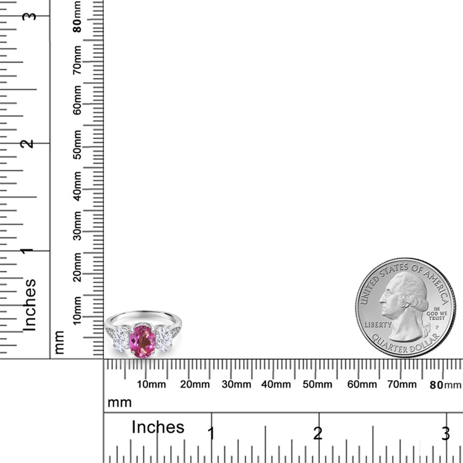 Gem Stone King 10K White Gold Pink Mystic Topaz White Moissanite and White Lab Grown Diamond 3 Stone Engagement Ring For Women (2.34 Cttw, Gemstone Birthstone)