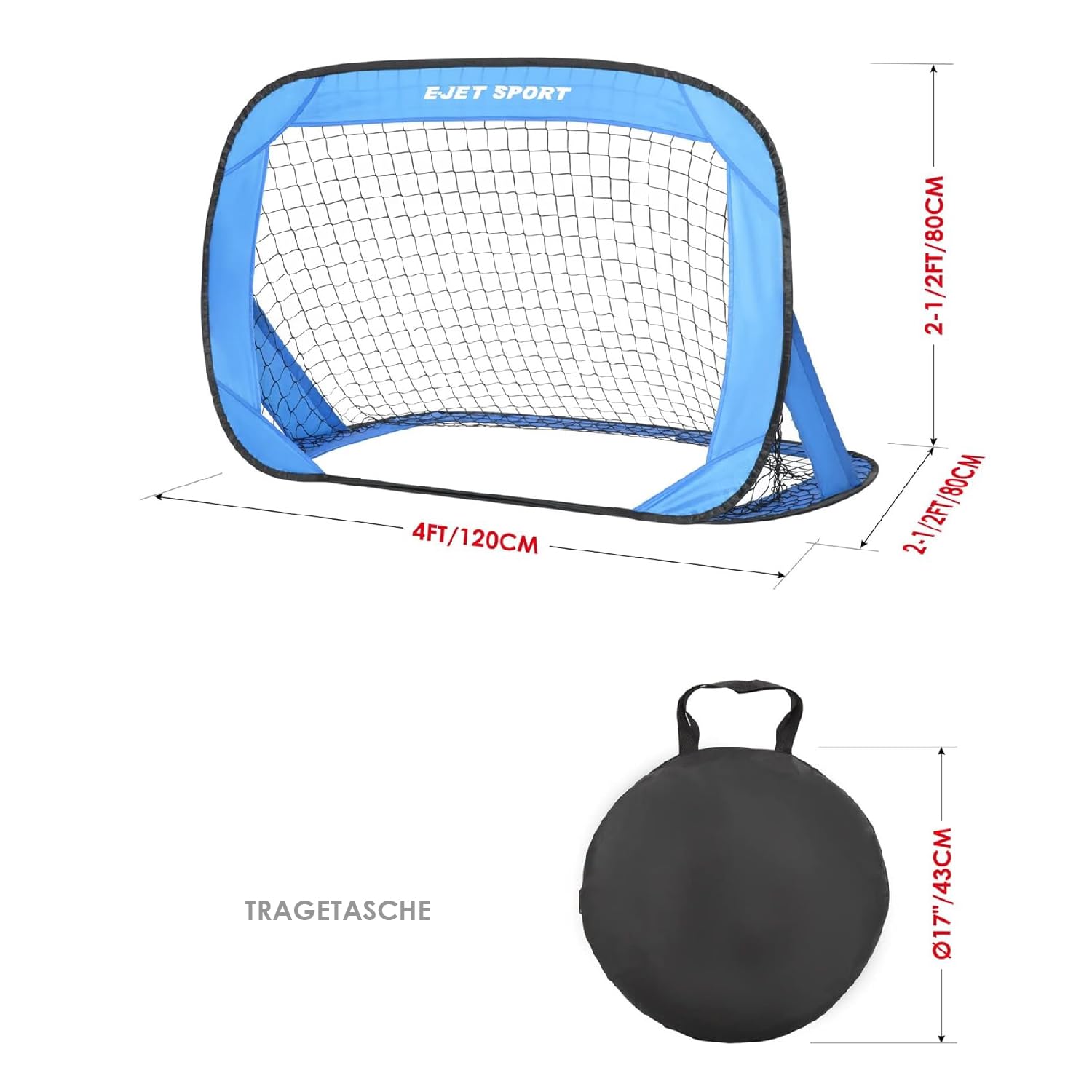 2er Set Tragbares Fussball Popup Tor - 120 x 80 x 80 cm - Fußballtor für Garten - Mit Tragetasche und Befestigungspins