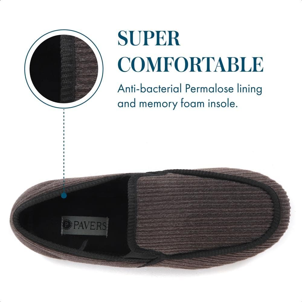 Pavers Men's Corduroy Slip-On Slippers - Antibacterial Permalose Protection - Memory Foam Insole - Extra Wide Fit - Elegant Footwear for Home Use 7
