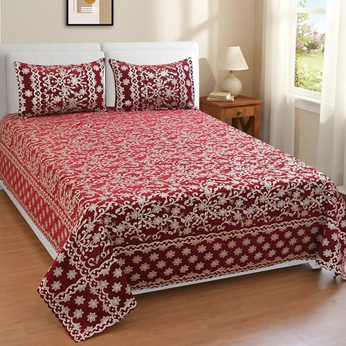 Image of Luxury Velvet Bedsheet - King Size Luxury Bed Sheet - Ultra Soft, Cozy & Warm Bedding for Bedroom - Hypoallergenic & Elegant Velvet Texture (Crystal 01 MEHROON 100X100, Velvet Bedsheet)