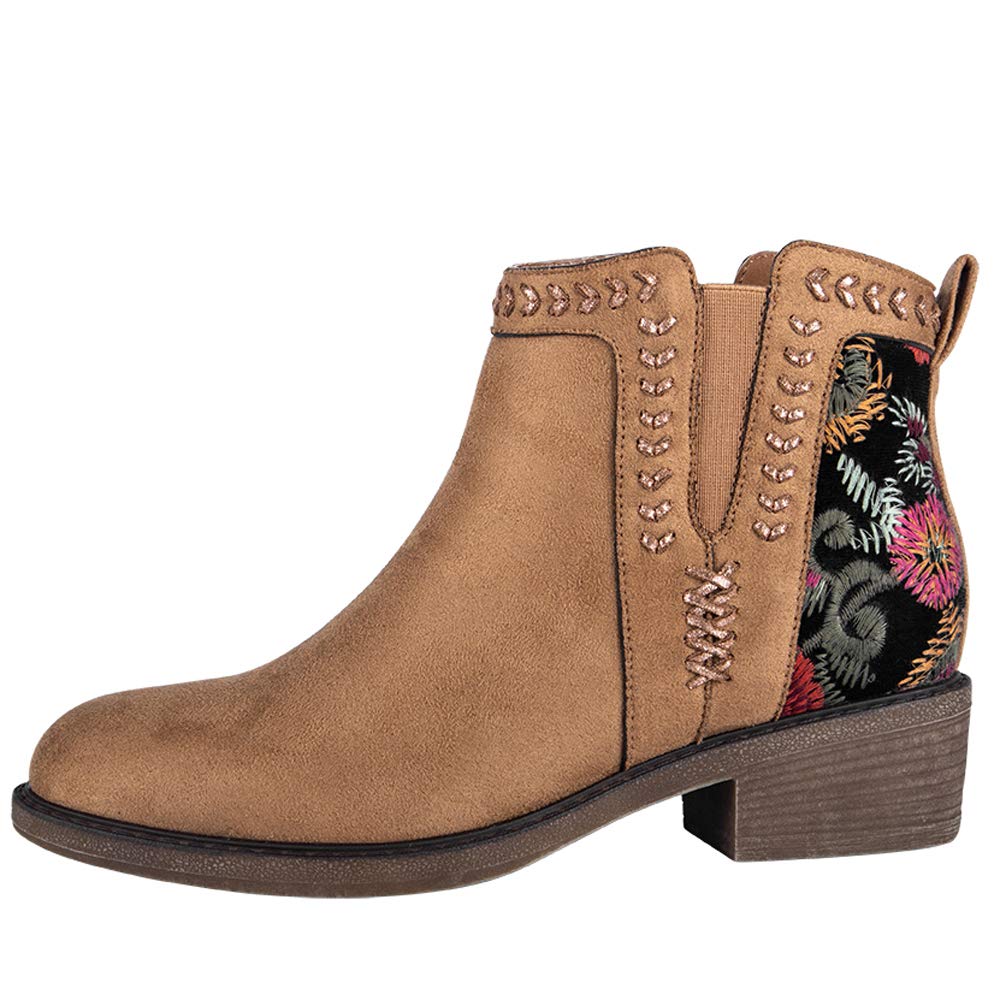 Women’s Embroidery Ankle Booties Slip on Round Toe Low Heel Combat Boots