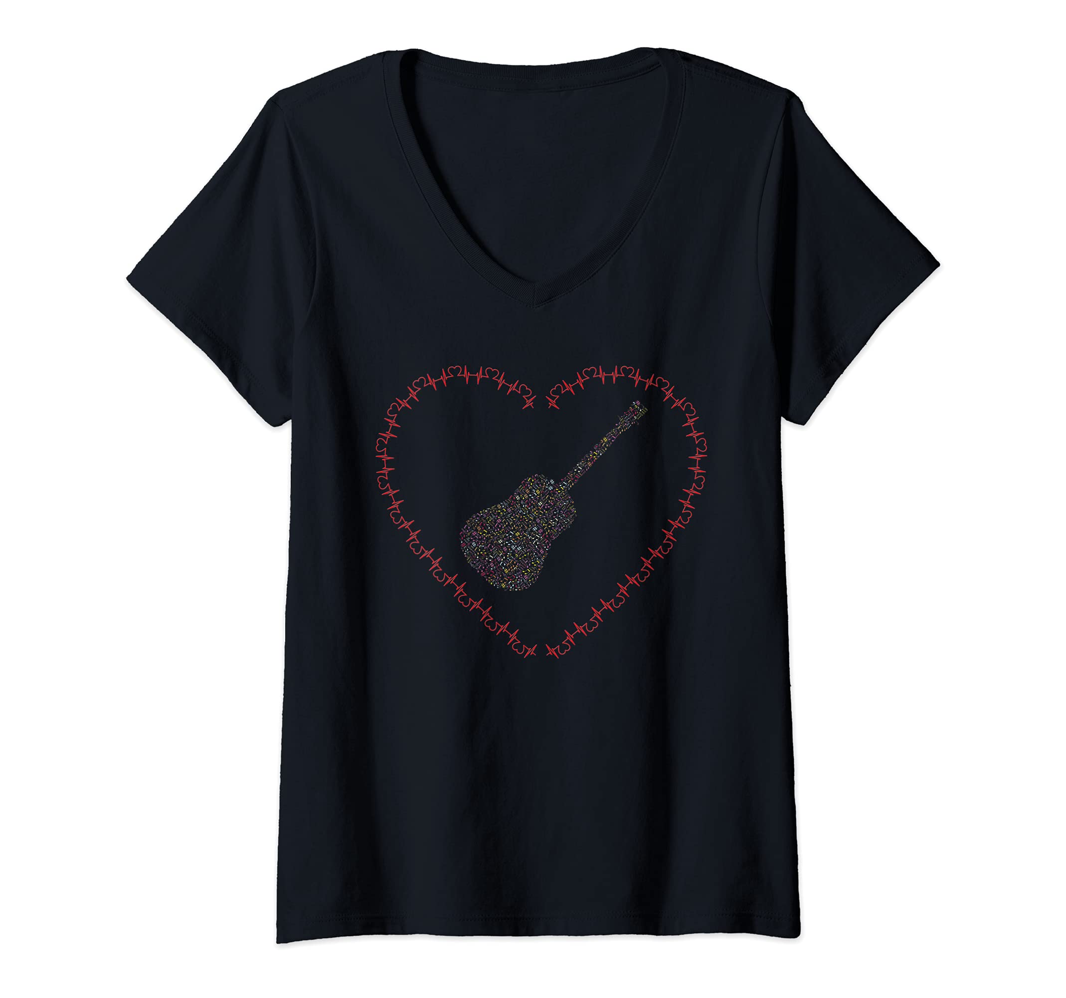Womens Ukulele Guitar Rock Star, heart gift music guitarist band V-Neck T-Shirt, Black