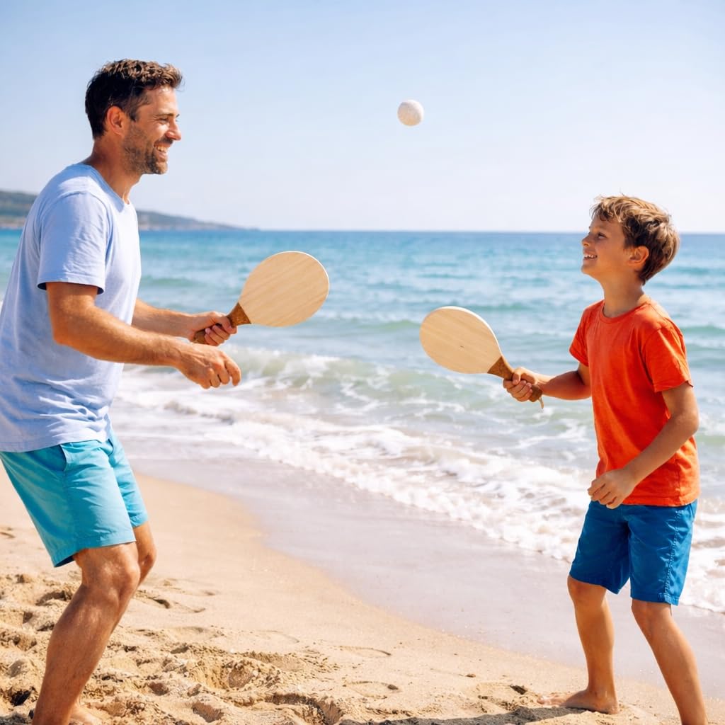 Set di pale da spiaggia in legno con manico in sughero | Include palla di canna di grano e custodia in cotone | divertimento per tutta la famiglia | Extra mobile