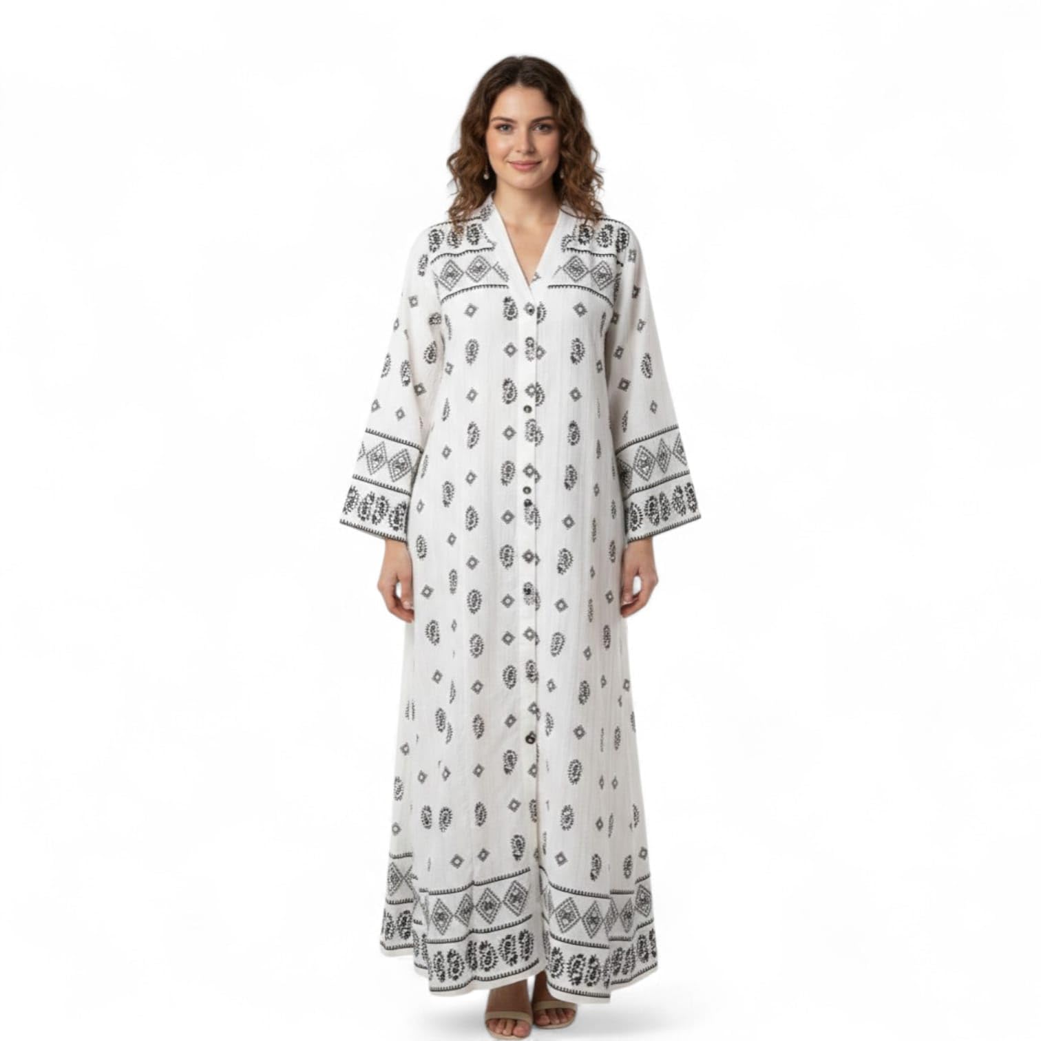 Women's Graphics Print Maxi Dress, Black and White Graphic Printed Abaya, Long Sleeve, Collared Shirt Style, Modest Islamic Abaya-picture-45