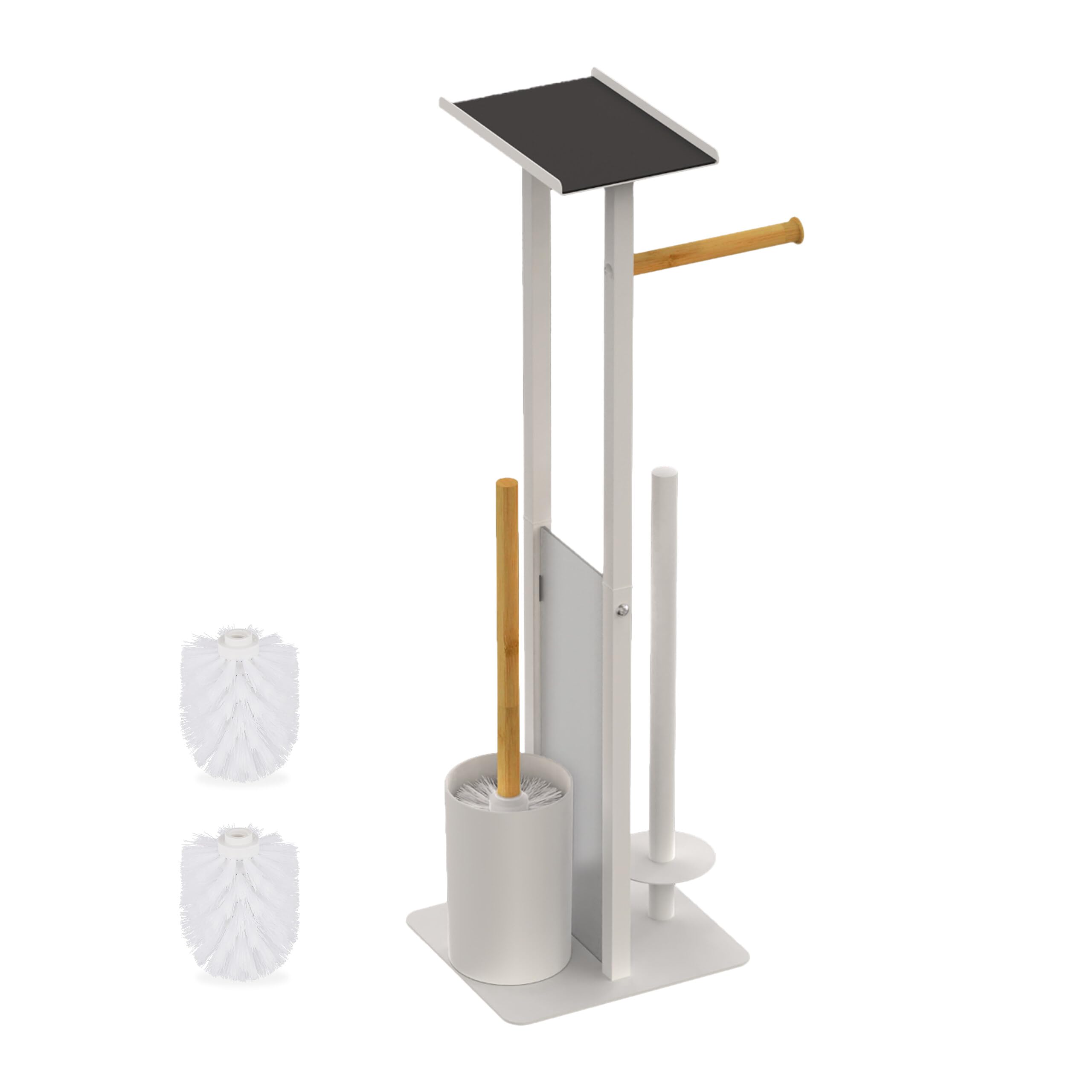 Relaxdays toilet set, HWD: 65x21x18 cm, freestanding toilet roll holder, brush holder, shelf, white/natural