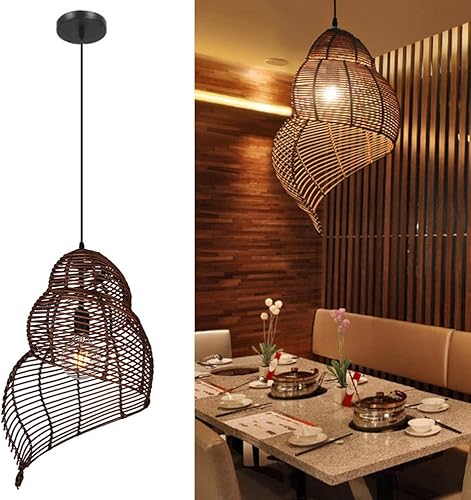 Lámpara colgante retro de caracola, tejida a mano, tejido de ratán de bambú E26, lámpara colgante retro japonesa de mimbre, pantalla para