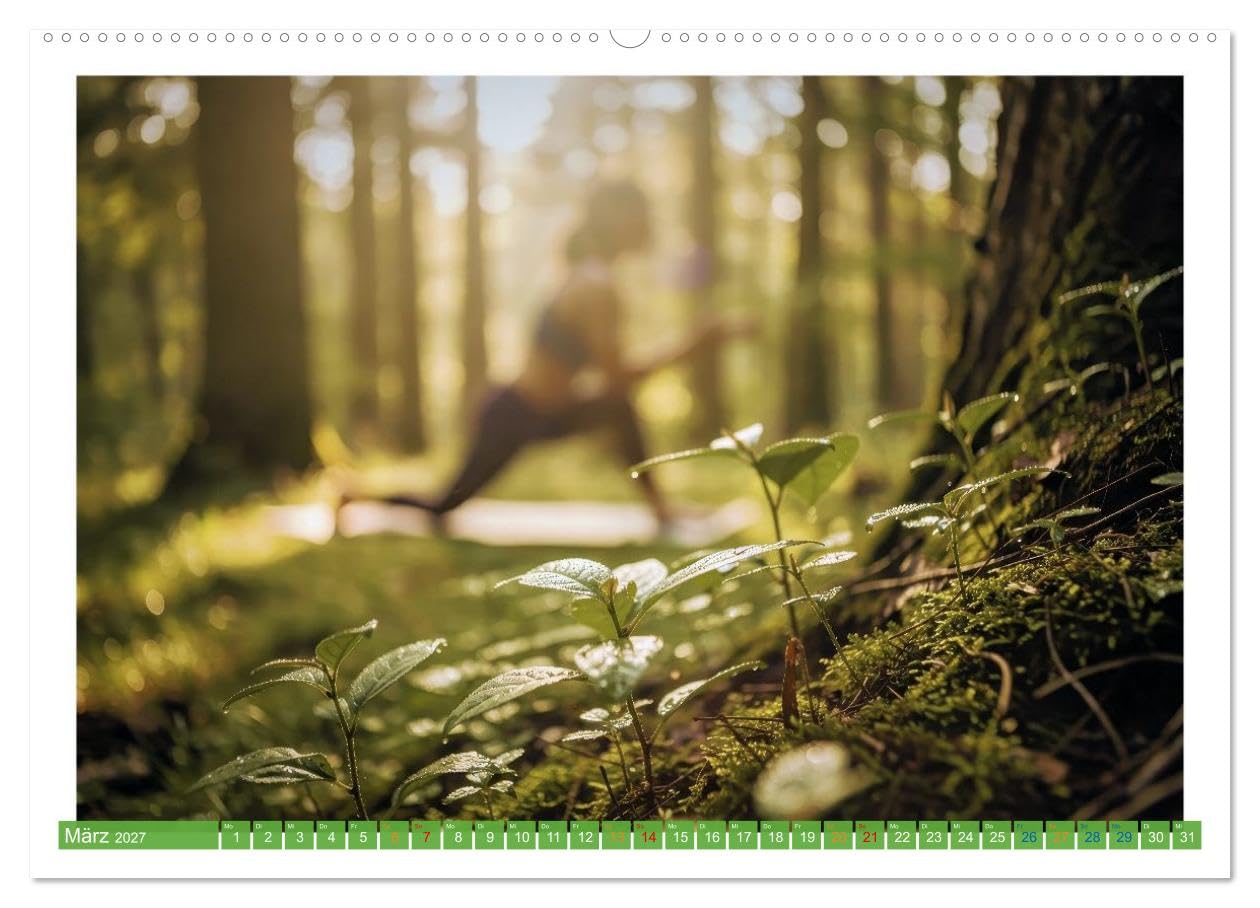 Yoga im Wald (hochwertiger Premium Wandkalender 2027 DIN A2 quer), Kunstdruck in Hochglanz: Die Übungen im Wald verbinden achtsame Bewegung mit der natürlichen Kraft des Waldes. (CALVENDO Gesundheit)