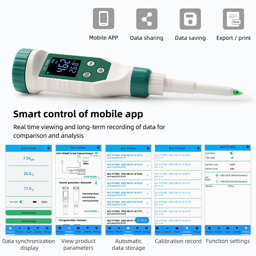 Medidor de pH Digital para Alimentos y sólidos Blandos con Control de aplicación Bluetooth 5.2 - Rango de pH 0.00 a 14.00 - Electrodo Tipo punción - Compensación automática de