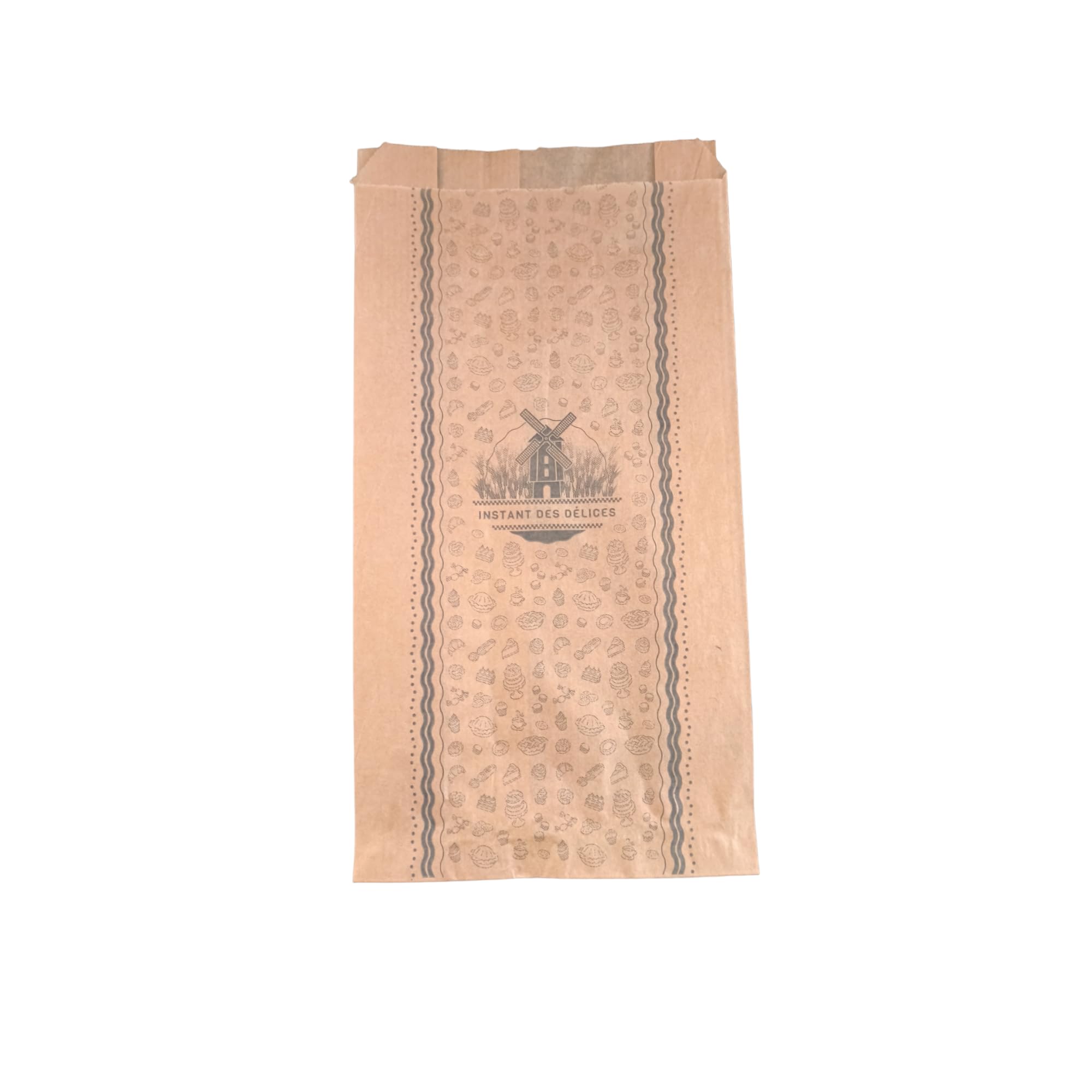 1000 Bolsas de bollería 20+5x31 cm de papel kraft marrón de grado alimenticio sin grasa impresas en negro