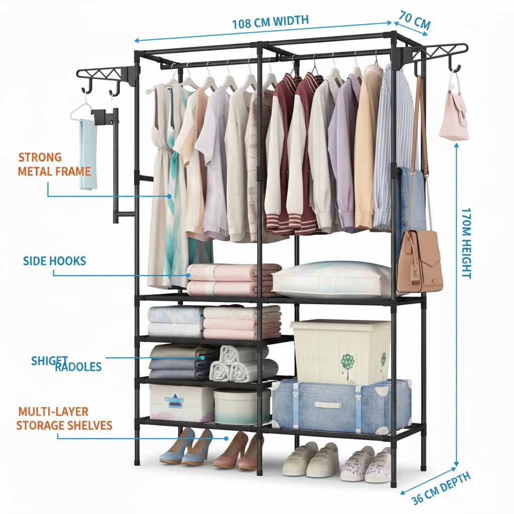 Scaffale Appendiabiti con Struttura in Metallo e Ripiani in Stoffa 108x36x170 cm – Armadio Aperto con Barra per Vestiti, Mensole Portaoggetti e Ganci Laterali – Organizer Salvaspazio per Camera