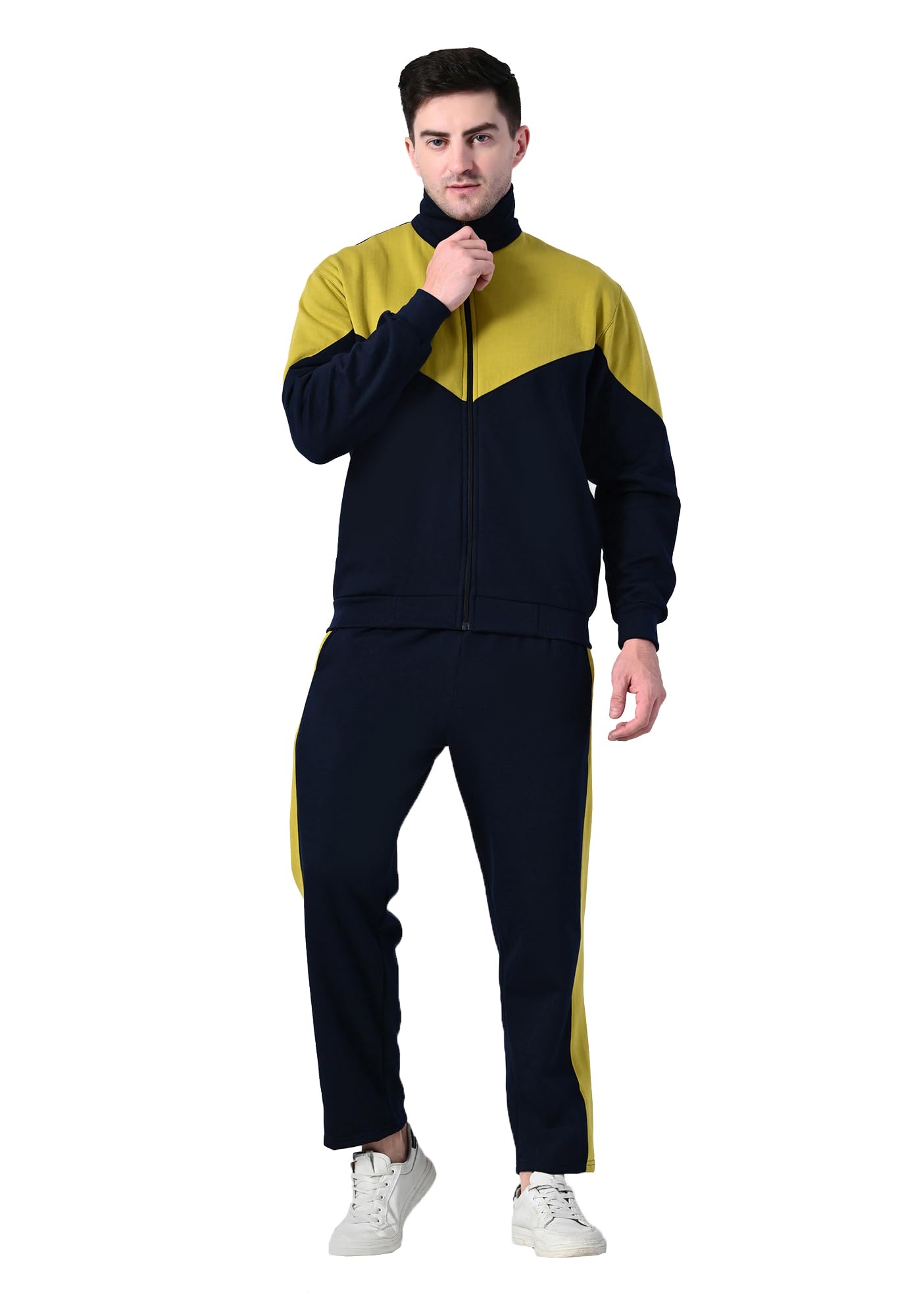 kayu Men Color Block Fleece Winter Tracksuit with Full Zip Jacket Both Side Pockets Warm Casual Sports Wear-picture-29