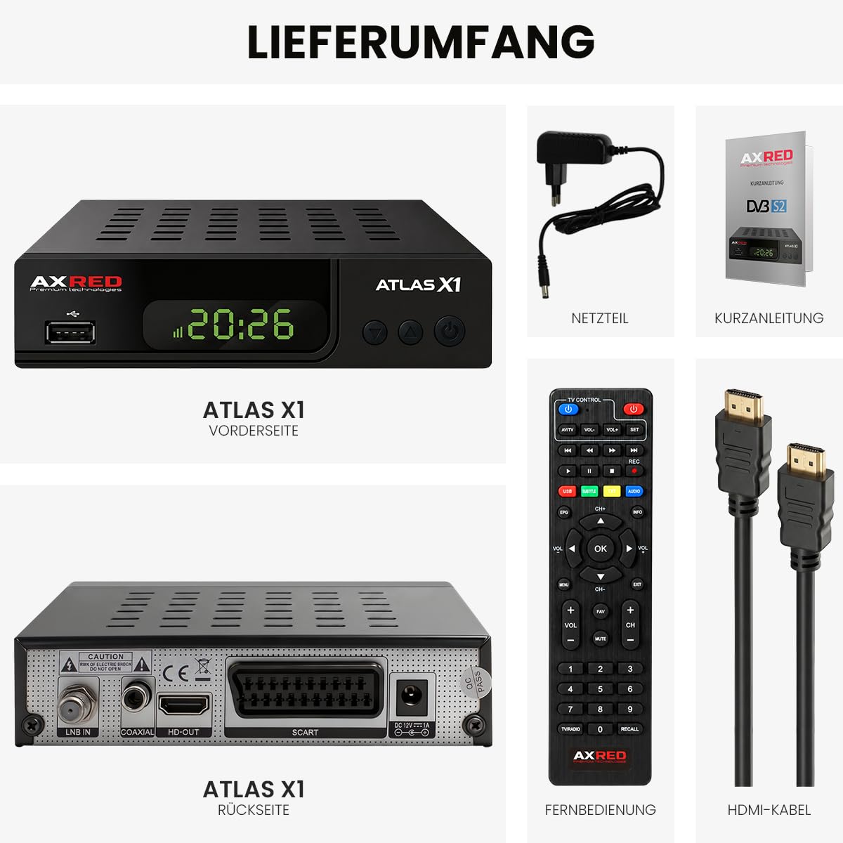 AXRED Atlas X1 + cable HDMI, receptor de satélite HD con función de grabación, Full HDTV, receptor de satélite digital para antena parabólica, TV satélite, receptores HD