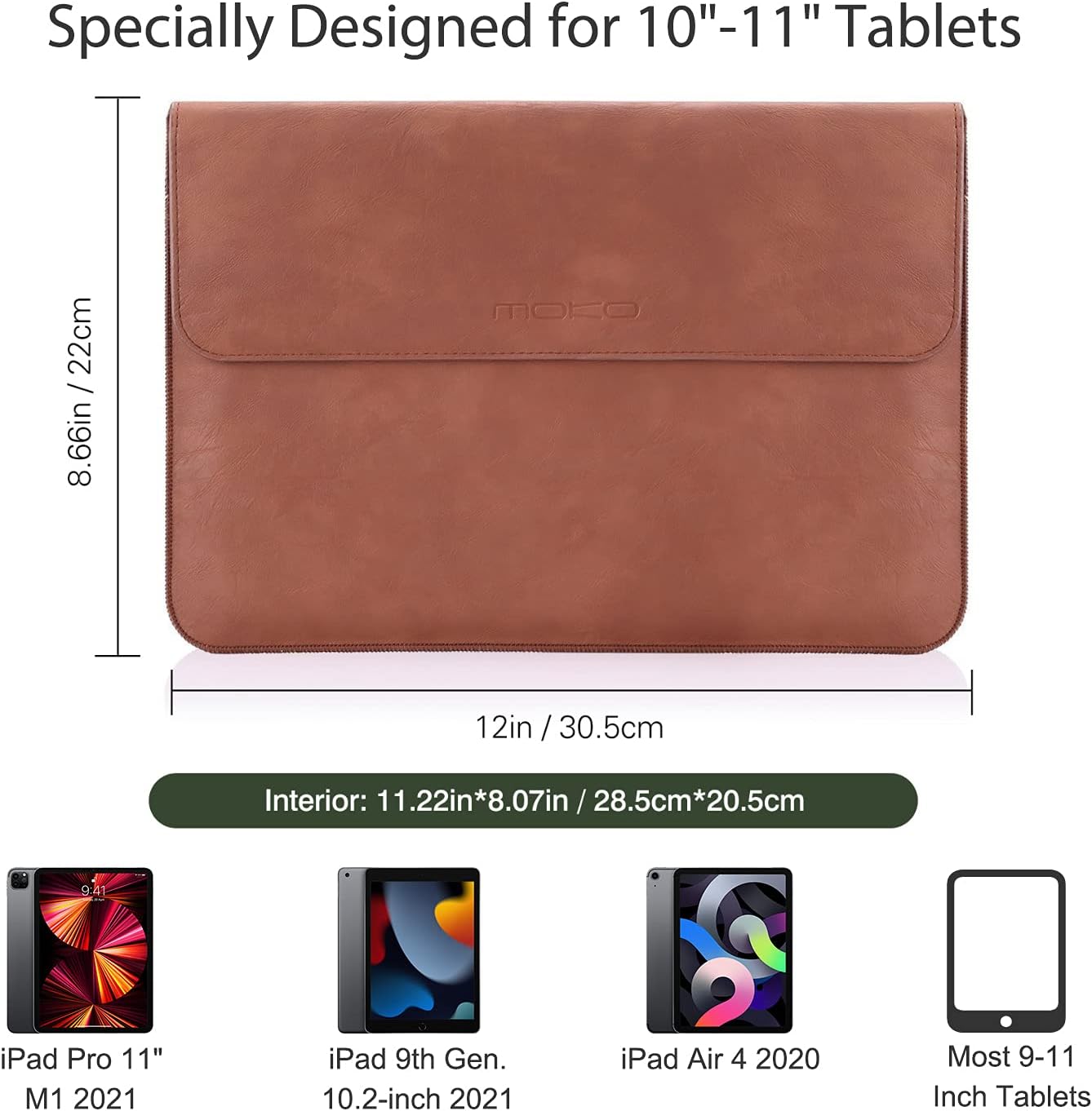 MoKo 10-11 Inch PU Leather Tablet Sleeve Bag Fits iPad air 5 10.9 inch 2022, iPad Pro 11 2021/2020, iPad 9/8/7th Gen 10.2, iPad Air 4 10.9/Air 3 10.5, iPad 9.7, Tab S8 11"/S8+ 12.4"/ S6, Brown : Electronics