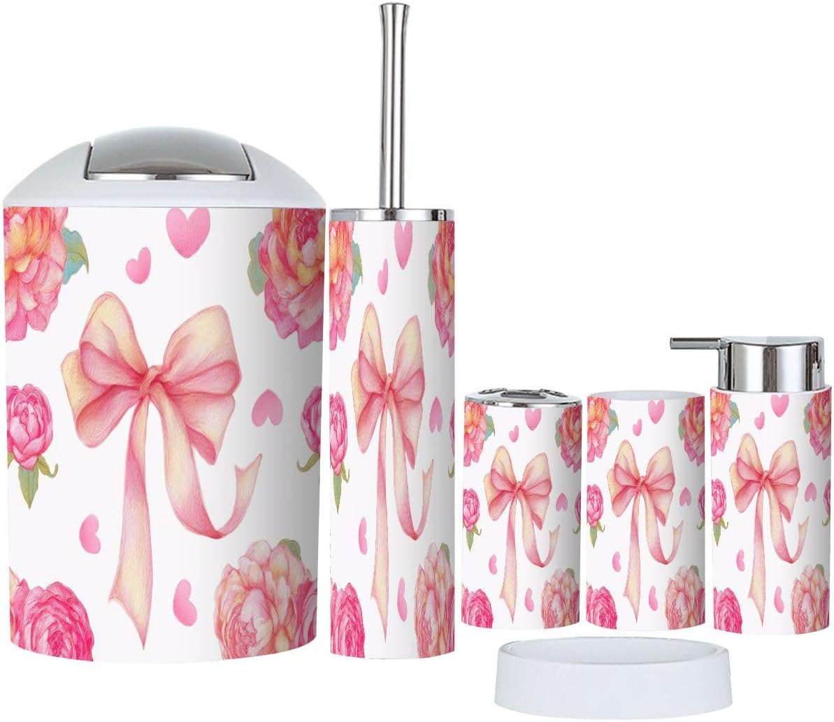 Bathroom Accessories Set 6 Pcs Coquette Bow Small Black Flat Bows Ribbons Cute Fun Simple Toothbrush Holder Cup Soap Dispenser Soap Dish Toilet Brush Holder Trash Can for Countertop Decor