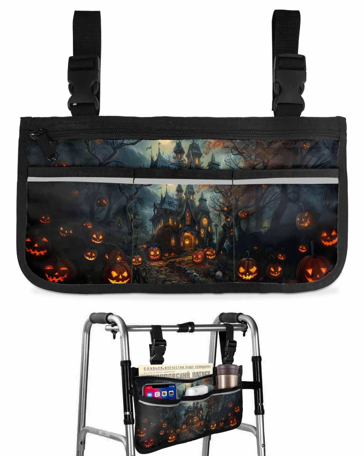 Anzona Happy Halloween Wheelchair Side Bag Walker Bag, Vintage Castle Pumpkin Forest Wheelchair Accessories Armrest Pouch, Organizer Storage Bag for Walkers, Rollators, Scooters, 7.3''x13''