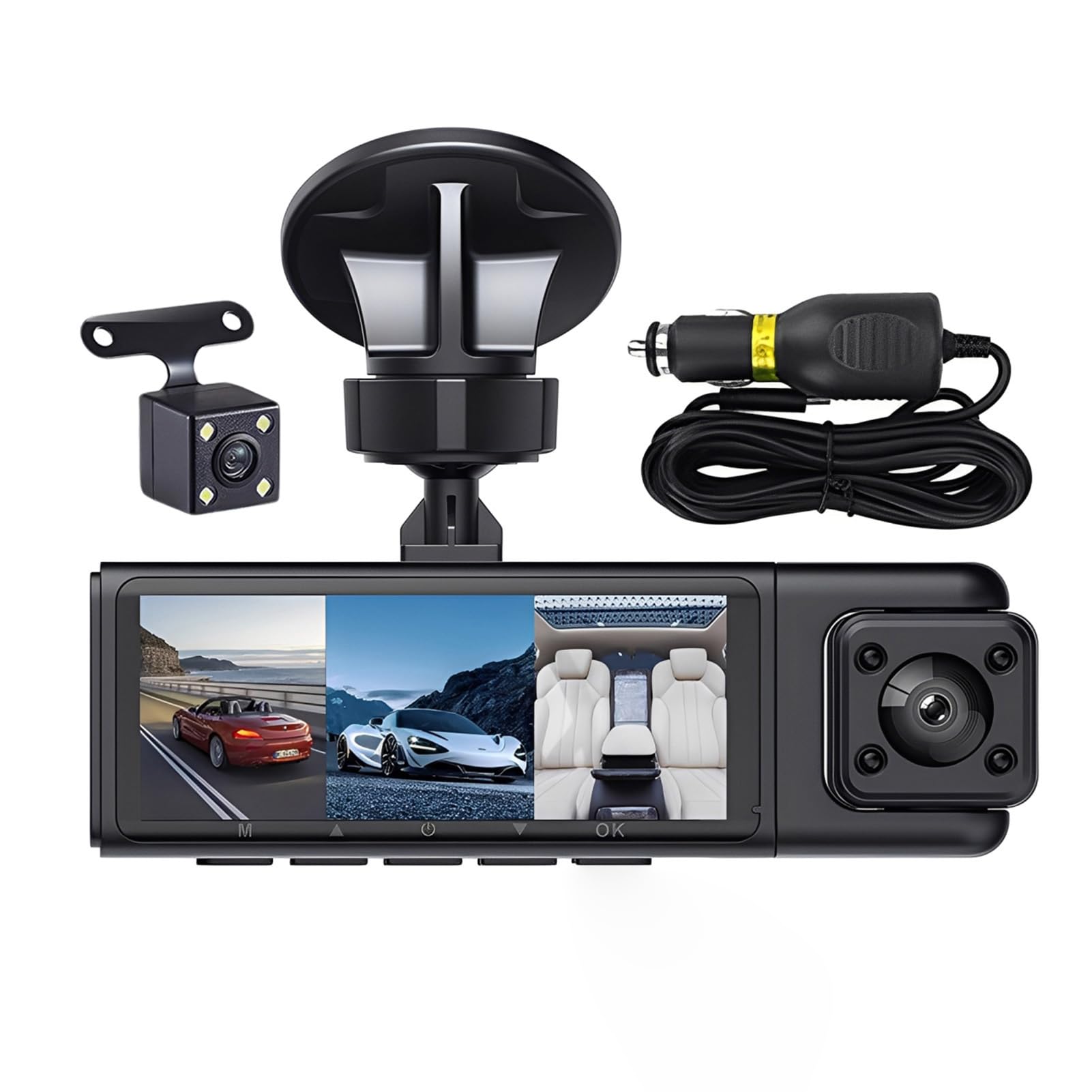 Dash Cam versatile per auto 1080P con telecamere anteriori, posteriori e per abitacolo per una copertura completa Registrazione HD Schermo diviso